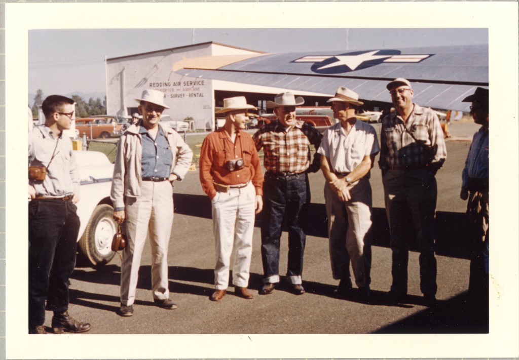 Members of one of Gov. Brown's camping trips flew in the Governor's plane from McClellan Air Force Base in Sacramento to Redding, Calif. (L-R) Edmund "Jerry" Brown, Jr.; Tom Lynch, Bob Calkins, Gov. Edmund "Pat" Brown; Jim Stokes, Fish and Game Regional Manager; Walt Shannon, and Paul Bodenhamer