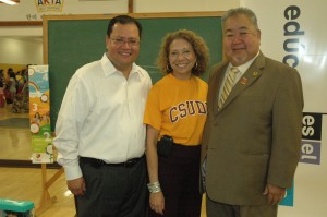 California Assemblyman Warren Furutani (at right) presented President Mildred García and Dr. Melvin Martinez, president of Los Angeles Harbor College, with his "Champions of Education" Award. 