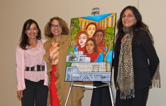 Artist Aydee Lopez Martinez, President Mildred García, and Dr. Irene Vasquez, chair of the Academic Senate, unveil "The Heart of CSU Dominguez Hills."