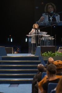 President Mildred GarcÃ­a addresses the congregation at Crenshaw Christian Center's Faithdome in Los Angeles; photo by GK