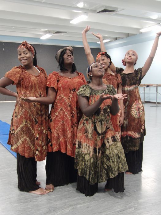 "Border Crossing" is featured in the Dance Department's fall event, "Dancers Without Borders." L-R: Ronisha Peters, Jasmine Wyatt, Evan Fennell, Nancy Blake, and Chanel Parker