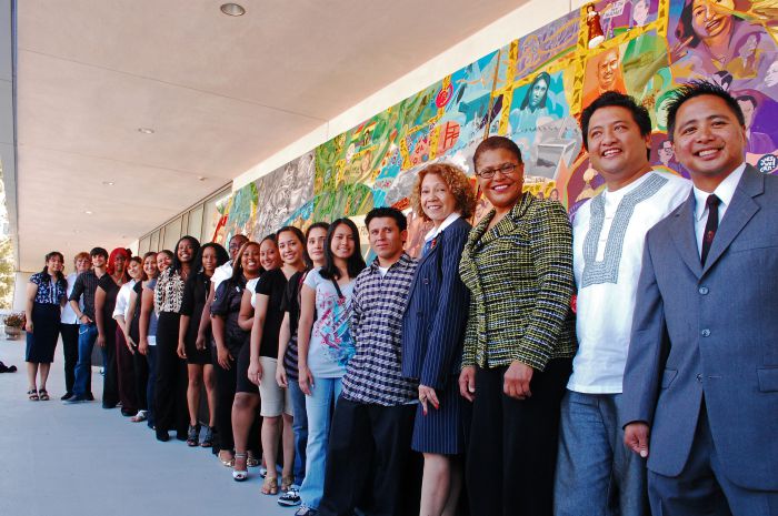 The CSU Dominguez Hills community celebrated the unveiling of "Manifest Diversity" on Sept. 9 with student artists and volunteers, President Mildred GarcÃ­a; Karen Bass, California Assembly Speaker Emeritus and CSU Dominguez Hills alumna; Eliseo Art Silva, nationally renowned muralist; and Lui Amador, coordinator, Multicultural Center.
