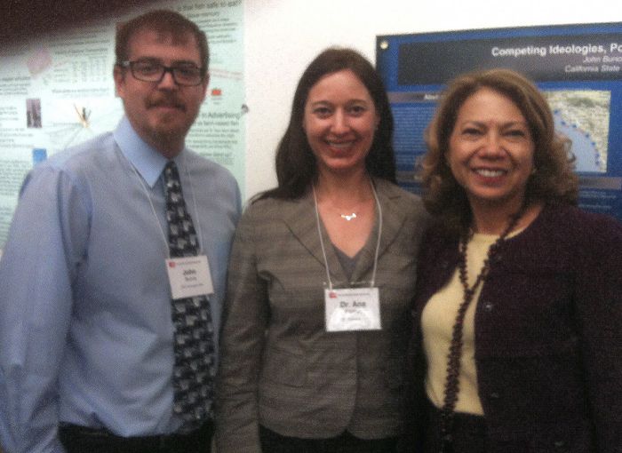 Ana Pitchon (center) presented research on the designation of Marine Protected Areas with psychology student John Bunce at the CSU Office of the Chancellor. Pictured with CSU Dominguez Hills President Mildred GarcÃ­a
