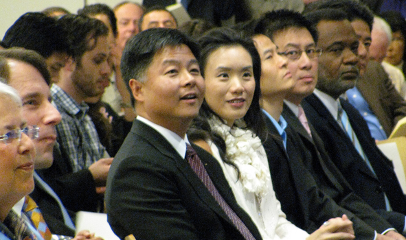 Local and state officials shared the public oath of office celebration of Sen. Ted Lieu (with wife Betty Lieu, at center)