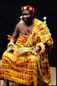This 1976 photograph is of the Asante Paramount Chief of Ejisu, Nana Diko Pim III wearing a rare Asasia Oyokoman Adweneasa cloth from Ejisu, Ghana; courtesy Doran H. Ross