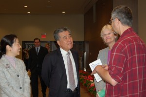 Consul General Shin speaks to Asian Pacific studies Professor Jung-Sun Park, College of Arts and Humanities Acting Dean Carol Tubbs and Academic Senate Chair/Physics Associate Professor Jim Hill