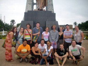 Justelle Cain (bottom row center) with other students in the University Studies Abroad Consortium program in Ghana visiting the Kwame Nkrumah Memorial Park in Accra, Ghana