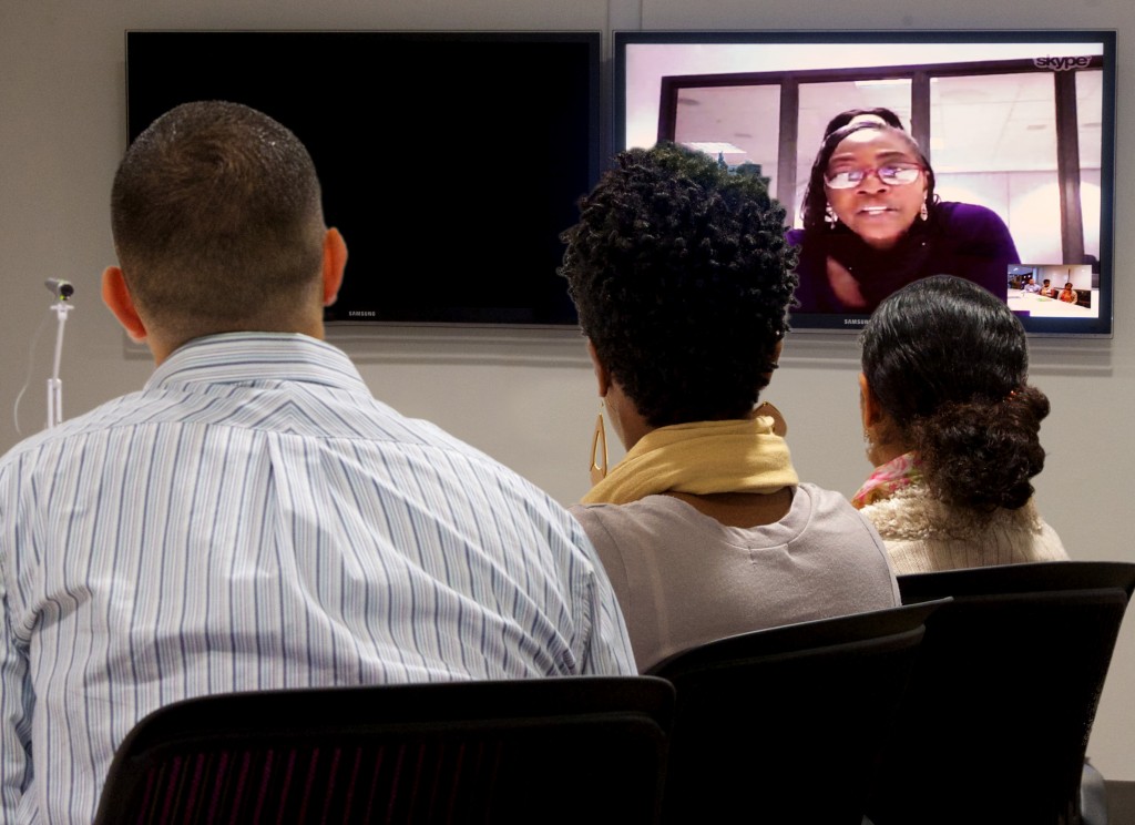 CSU Dominguez Hills Master of Social Work students confer with Kingston University counterparts through Skype.