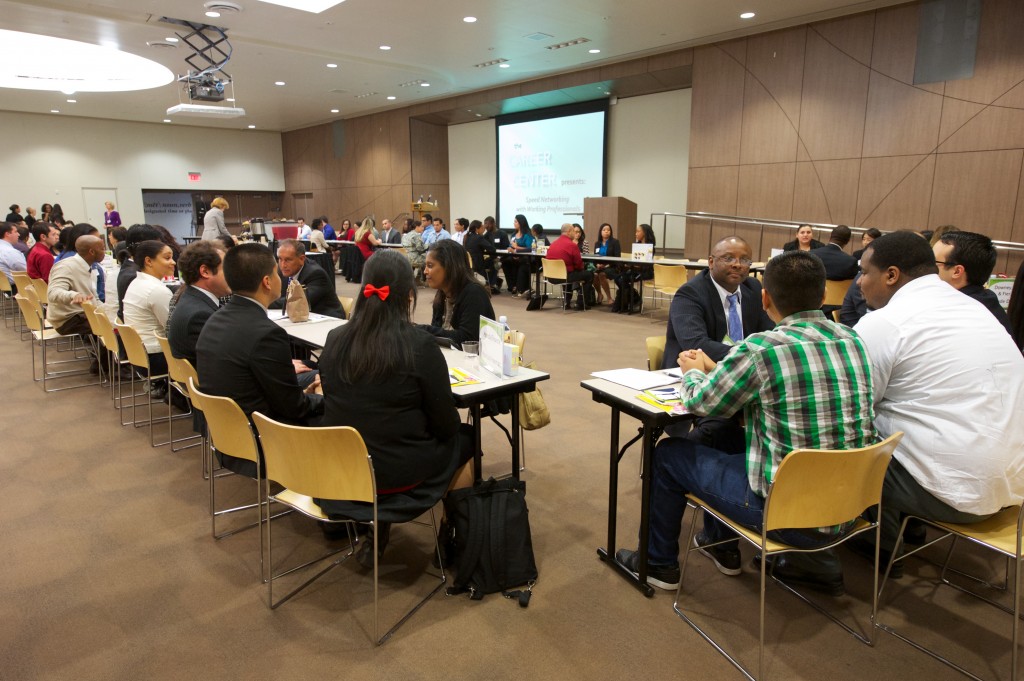 Students participating in a speed networking event in February.