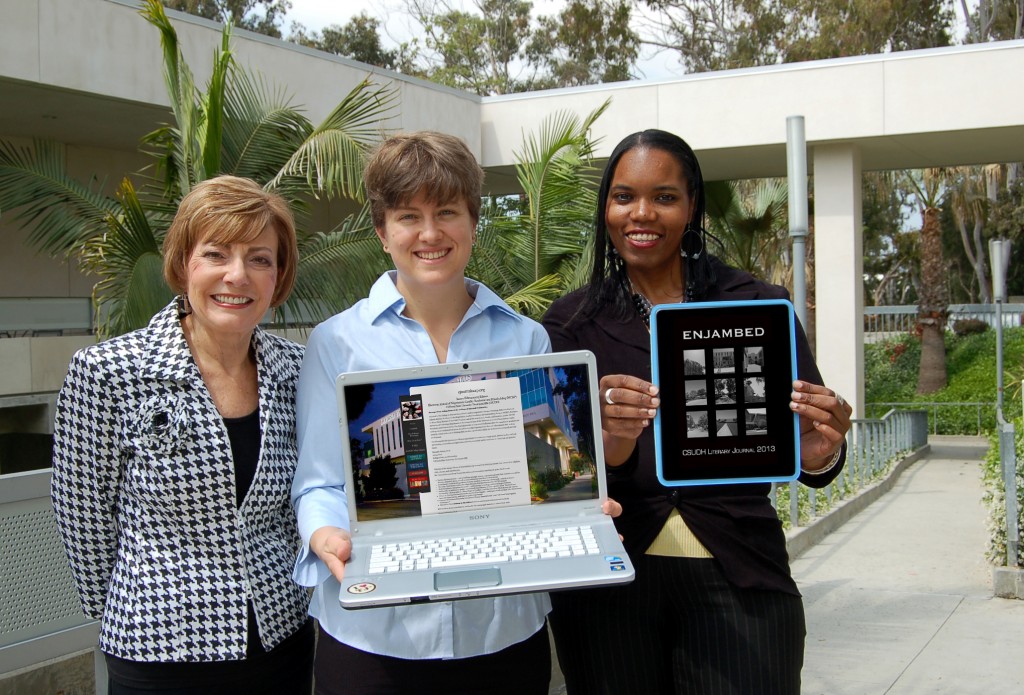 Margaret Manning and Amy Blair show the Electronic Journal of Negotiation, Conflict Resolution and Peacebuilding e-journal, and Joni Johnson shows Enjambed on an iPad.