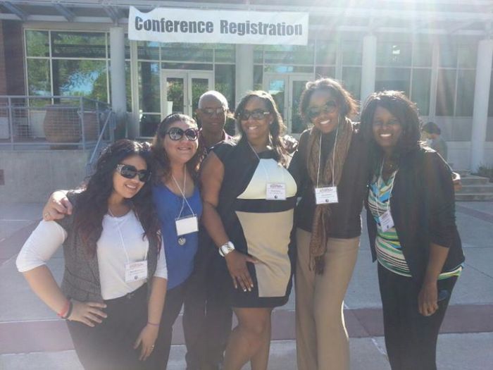 Marcela Franco (far left) with students and CSUDH officials at the CSU Alcohol and Other Drugs Conference in April