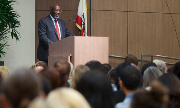 California State University, Dominguez Hills president Willie J. Hagan delivers message during fall 2013 convocation.