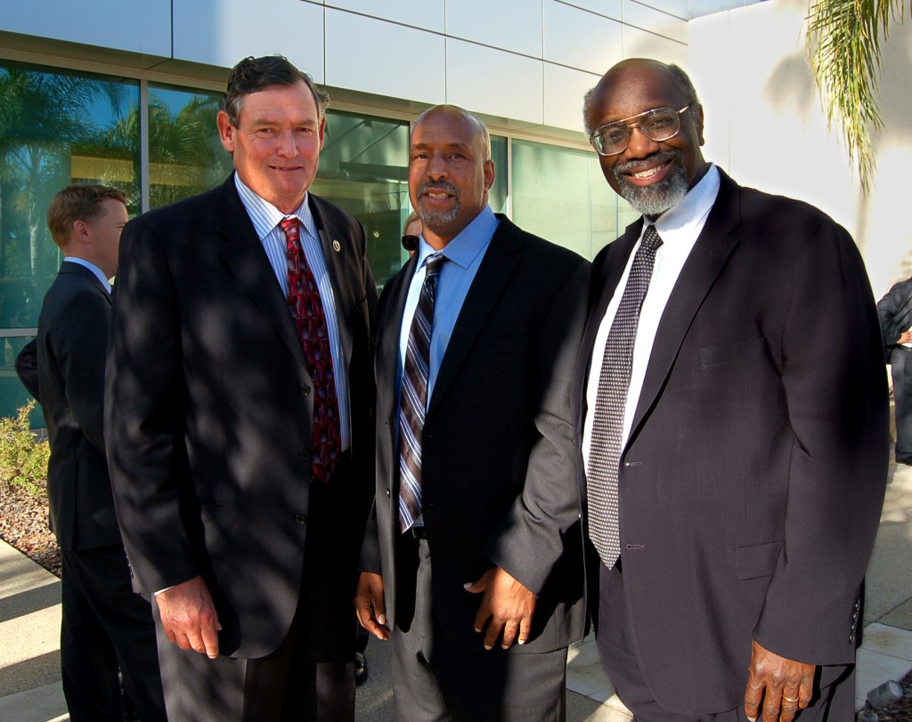 John Bagnerise, the CSUDH 2012-13 recipient of the CSU Trusteesâ€™ Award for Outstanding Achievement, is congratulated by CSU Chancellor Timothy P. White and CSU Dominguez Hills President Willie J. Hagan during a reception held in the Chancellorâ€™s Office courtyard following the awards presentation ceremony.