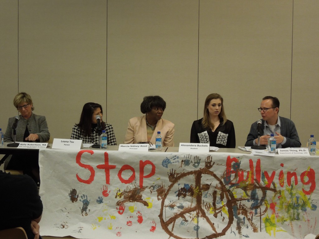 Panelists (from left to right): Kelly Robertson, a resource specialist program (RSP) teacher and Police Academy instructor; Leana Tsu, parent; Marcia Sidney-Reed, principal at 186th St School; Alexandrea Buckley, student at West Los Angeles College; James Thing, a lecturer in the Department of Sociology at University of Southern California. 