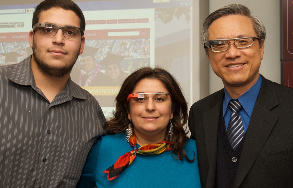 Director of development for Google Glass Explorer David Zakariaie with associate professor of management and HTRI director Natasa Christodoulidou and College of Business and Public Policy Joseph Wen.