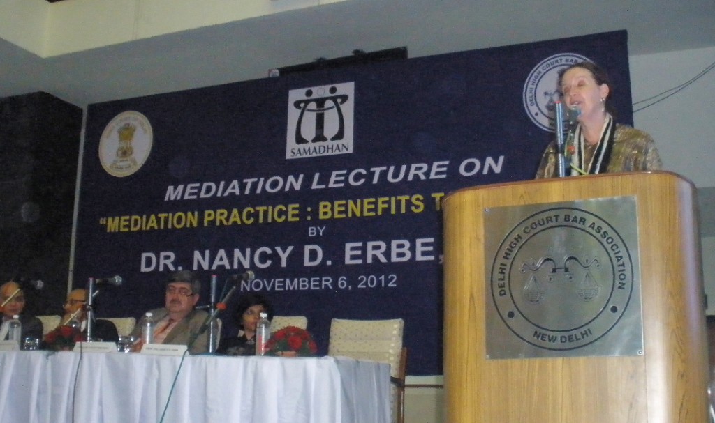 Nancy Erbe speaks to 300+ mediator-lawyers and judges at Delhi High Court in November 2012. 