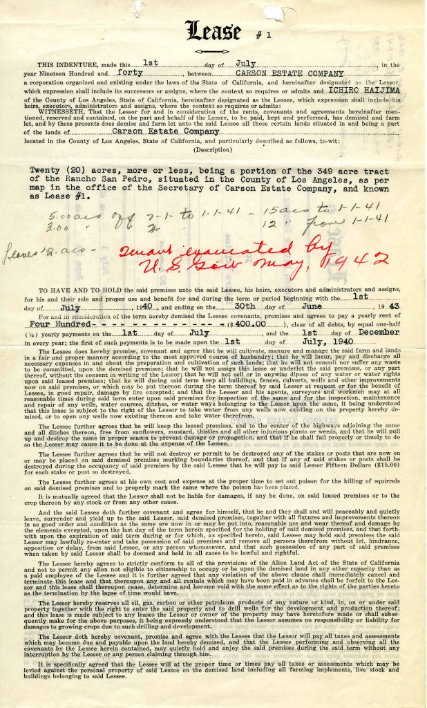 A lease on Rancho San Pedro land to Ichiro Haijima on which is written "Tenant Evacuated by U.S. Gov May, 1942"