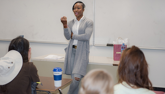 Carmelita Jeter returns to Cal State Dominguez Hills to speak at the Professor for a Day program. Carmelita gave a great lecture to a very lucky group of students.