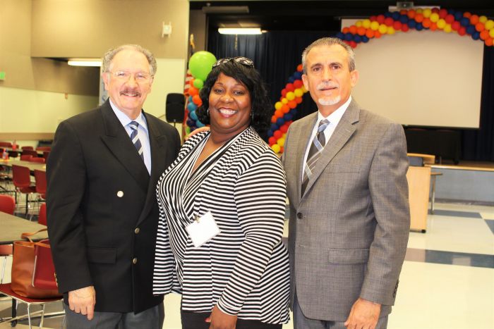 From left to right: Dr. George McKenna (LAUSD School Board Member); Simone Charles (Principal of Mervyn Dymally High School); and Dr. Kamal Hamdan (Executive Director of California STEM Institute for Innovation and Improvement)