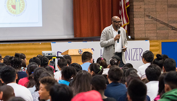 Forest Whitaker and the Domestic Harmonizer Program kickoff at Carnegie Middle School in Torrance California September 6, 2016. Forest speaks to the students at Carnegie Middle School about conflict resolution and living peaceful.