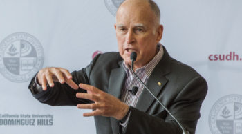 California, Gov. Jerry Brown discusses the transportation bill during a roundtable at California State University, Dominguez Hills