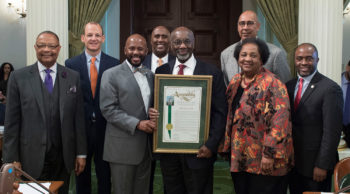CSUDH President Willie J. Hagan poses with members of the California Legislative Black Caucus. Left to Right: California Assembly Members Reginald Jones-Sawyer; Kevin McCarty; Mike Gipson; Jim Cooper; CSUDH President Willie J. Hagan; Shirley Weber; Tony Thurmond; and Chris Holden.
