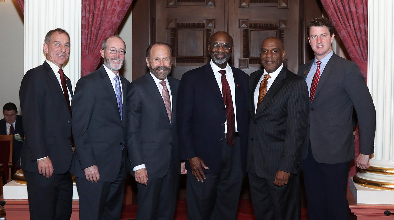 CSUDH President Willie J. Hagan poses with members of the California State Senate. Left to Right: Bob Wieckowski; Steve Glazer; Jerry Hill; Willie J. Hagan; Steve Bradford; and Henry Stern.