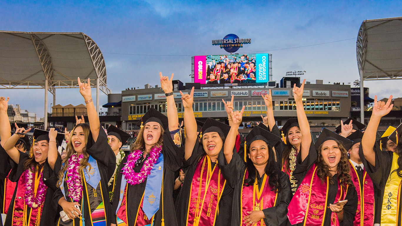 Graduates give the Toro sign during the 2018 Commencement.