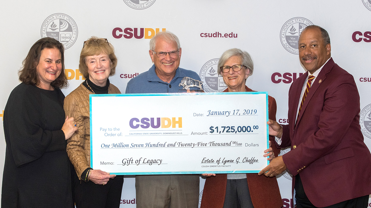 (from left): University Art Gallery Director Aandrea Stang, Marilyn Chaffee, Lyman Chaffee’s siblings David Chaffee (Marilyn's husband) and Marta Stang, and CSUDH President Thomas A. Parham.
