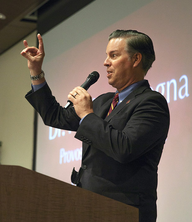 Flashing his Toro pride: the fall 2018 Convocation ceremony was emceed by Michael Spagna, provost and vice president for academic affairs.