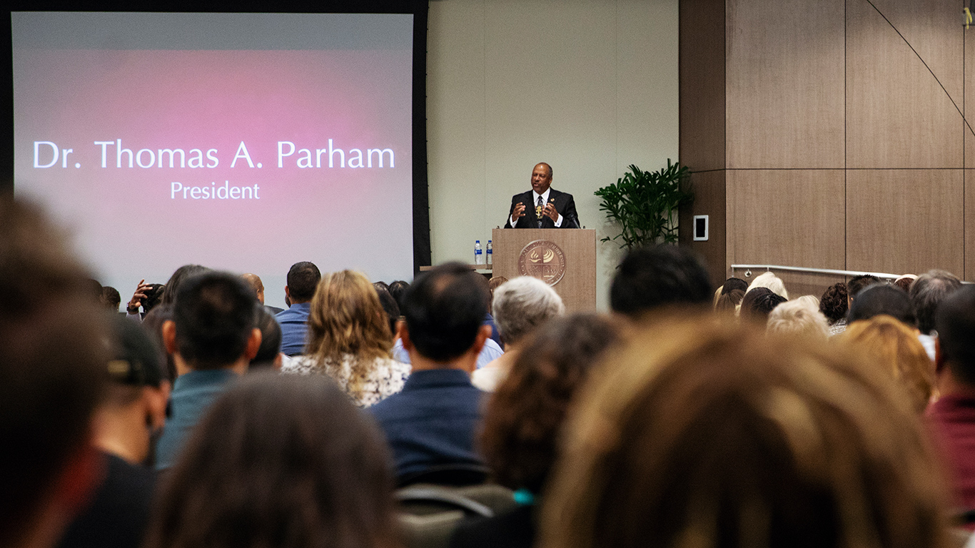 CSUDH President Thomas A. Parham gives his first convocation address on September 20, 2018.