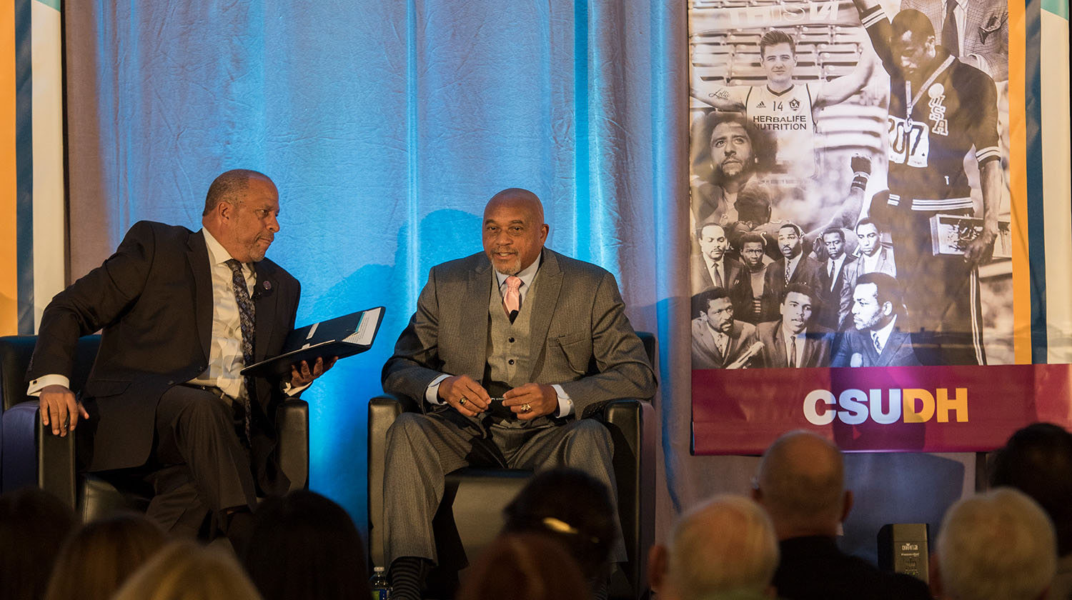 CSUDH President Thomas A. Parham and Olympic Gold Medalist Tommie Smith sit down for a Q&A during the fall 2018 Presidential Distinguished Lecuture Series. 