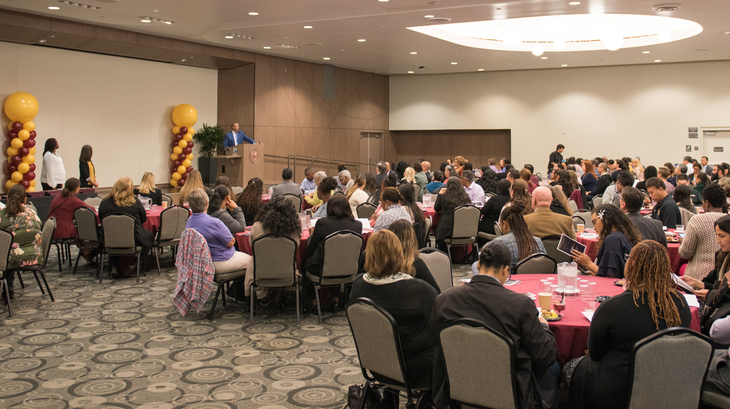 CSUDH President Thomas A. Parham provides welcome remarks during the 2018 Staff Awards. 