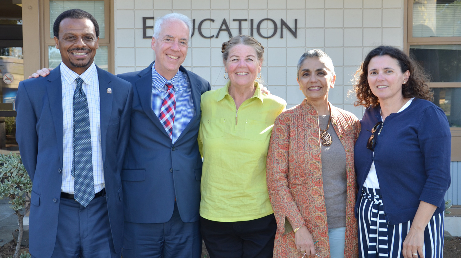 (Left to Right): John Davis, dean of the College of Education; Ken O'Donnell, vice provost; Pamela Robinson, graduate education lecturer; Kirti Sawhney Celly, professor of marketing and co-chair of the College of Busines, Administration and Public Policy; and Begona De Velasco, adjunct biology professor.