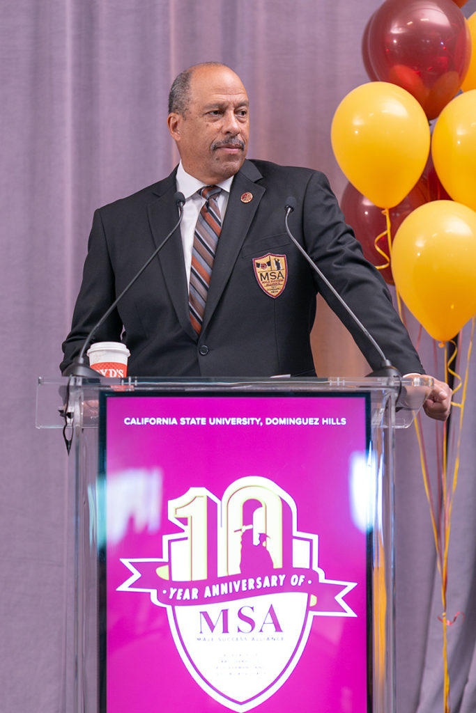 CSUDH President Thomas A. Parham welcomes students to the 2019 MSA Spring Summit.