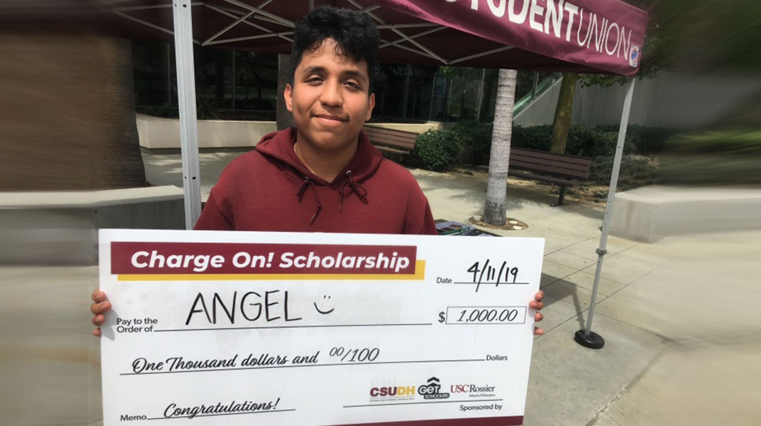 CSU Dominguez Hills freshman Angel Salvador won a $1,000 scholarship for being a top Charge On player. (Adolfo Guzman-Lopez/LAist)