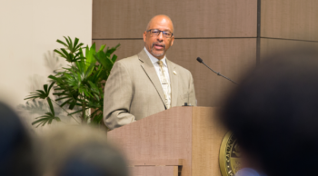 President Thomas A. Parham speaks during Fall Convocation.