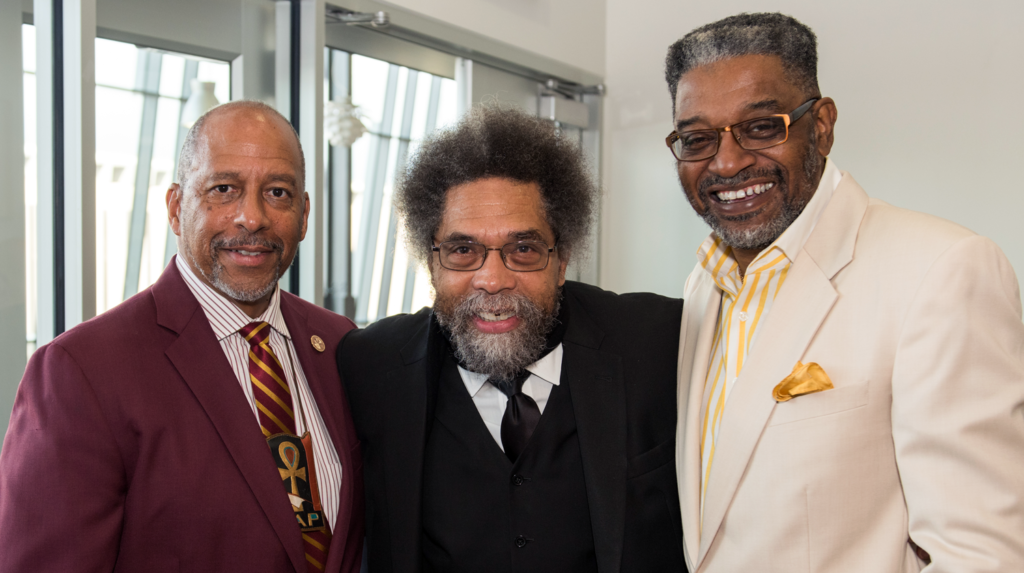 CSUDH President Thomas A. Parham, Cornel West, and Director of the Mervyn M. Dymally African American Political & Economic Institute Anthony Samad,