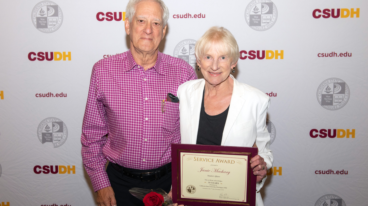 Director of Student Health and Psychological Services Janie MacHarg, who was honored for 50 years of service during the 2019 Staff Awards at CSUDH. Her husband Rob Rutman joined her at the ceremony. 