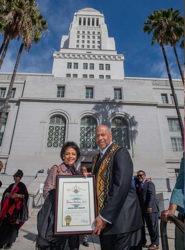 President Parham and CSUDH First Lady Davida Parham on the steps of Los Angeles City Hall during the kickoff ceremony for the city's African American History Month celebration.