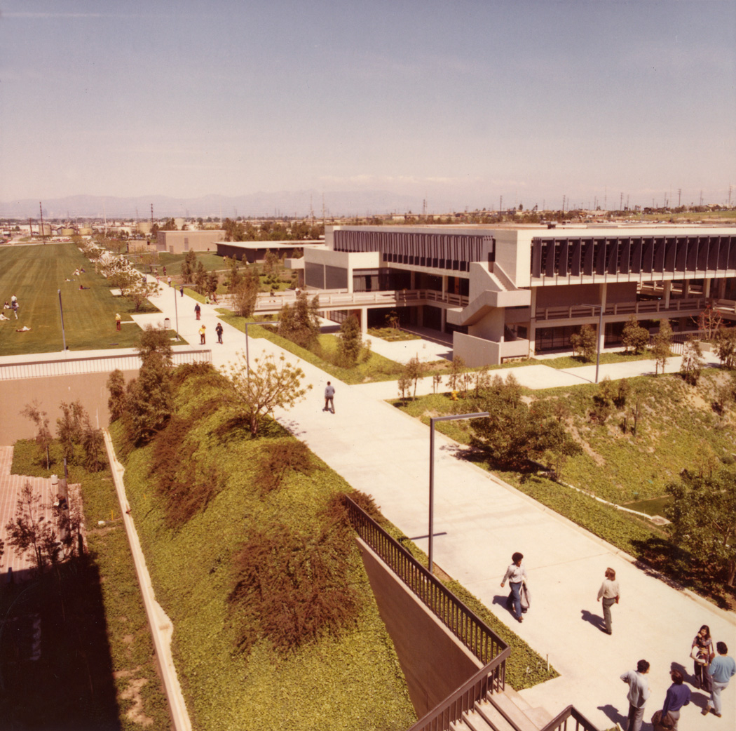 Social and Behavioral Sciences Building and campus sidewalk, ca. 1980s