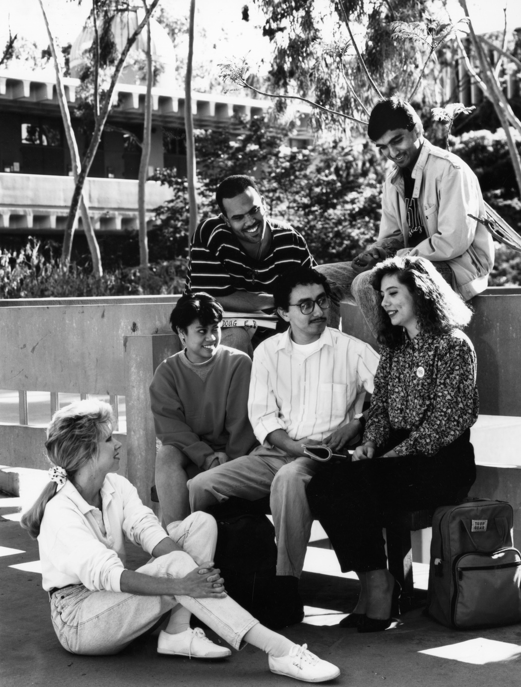 Students gathered across from the Social and Behavioral Sciences Building, ca. 1990s building, ca. 1990s