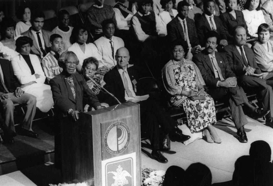 Shirley Chisholm speaks at the University Theater, 1988