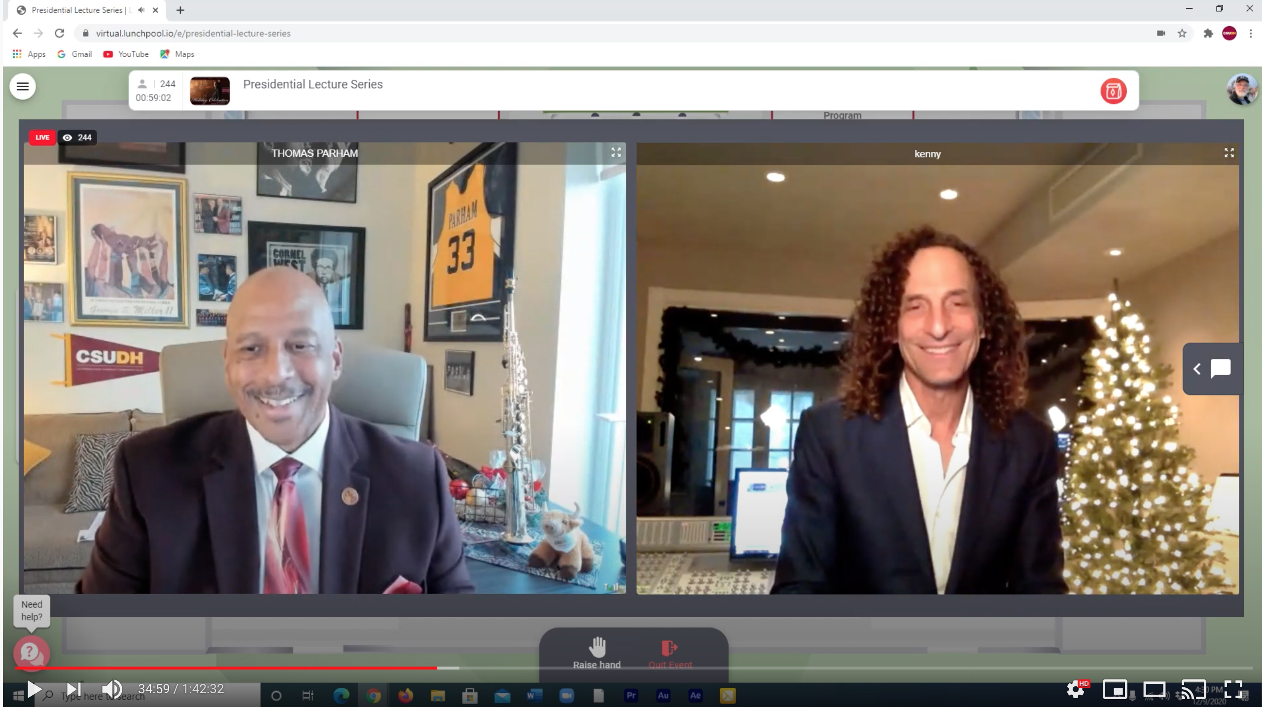 CSUDH President Thomas A. Parham has a virtual conversation with Grammy Award-winning musician Kenny G during the 2020 Presidential Distinguished Lecture Series. 