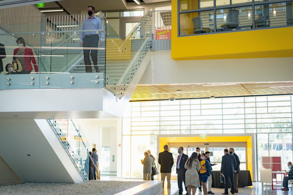 Visitors explore the inside of the Innovation and Instruction Building.