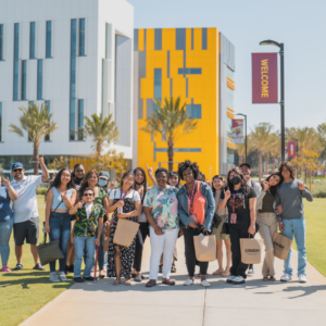 20 people on a tour of the CSUDH campus pose for a group photo in front of the Innovation and Instruction building.