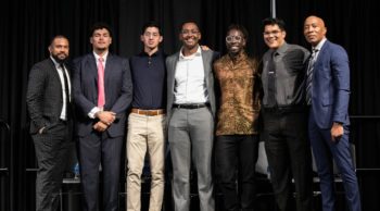 Sacramento State on April 6-7 hosted the Young Males of Color conference, which was organized by CSU Dominguez Hills administrators Matt Smith (far left) and William Franklin, far right. Speakers included CSU students and alums such as Lamont Paxton (from second from left), Joselito Flores, Temesghen Ghebreyesus, Malik Campbell, Jose Juan Rodriguez Gutierrez. (Sacramento State/Nicole Fowler)