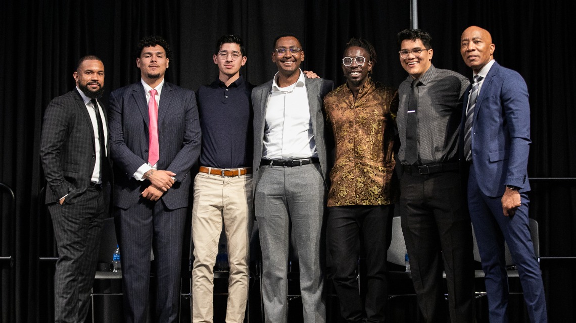 Sacramento State on April 6-7 hosted the Young Males of Color conference, which was organized by CSU Dominguez Hills administrators Matt Smith (far left) and William Franklin, far right. Speakers included CSU students and alums such as Lamont Paxton (from second from left), Joselito Flores, Temesghen Ghebreyesus, Malik Campbell, Jose Juan Rodriguez Gutierrez. (Sacramento State/Nicole Fowler)