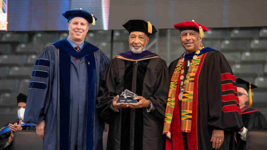 CSUDH Provost Michael E. Spagna, Honorary Doctorate Michael Lawson, and President Thomas A. Parham