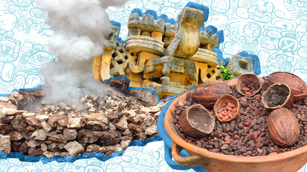 Collage of Maya architecture, burnt lime, and cocoa pods